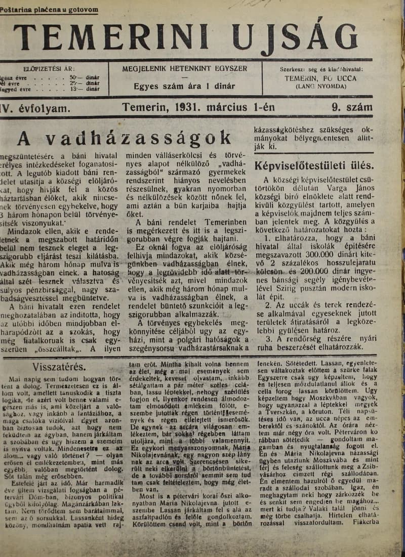 Temerini Újság 1928-1944, 4. évf. 1931. március 1. 9. sz.