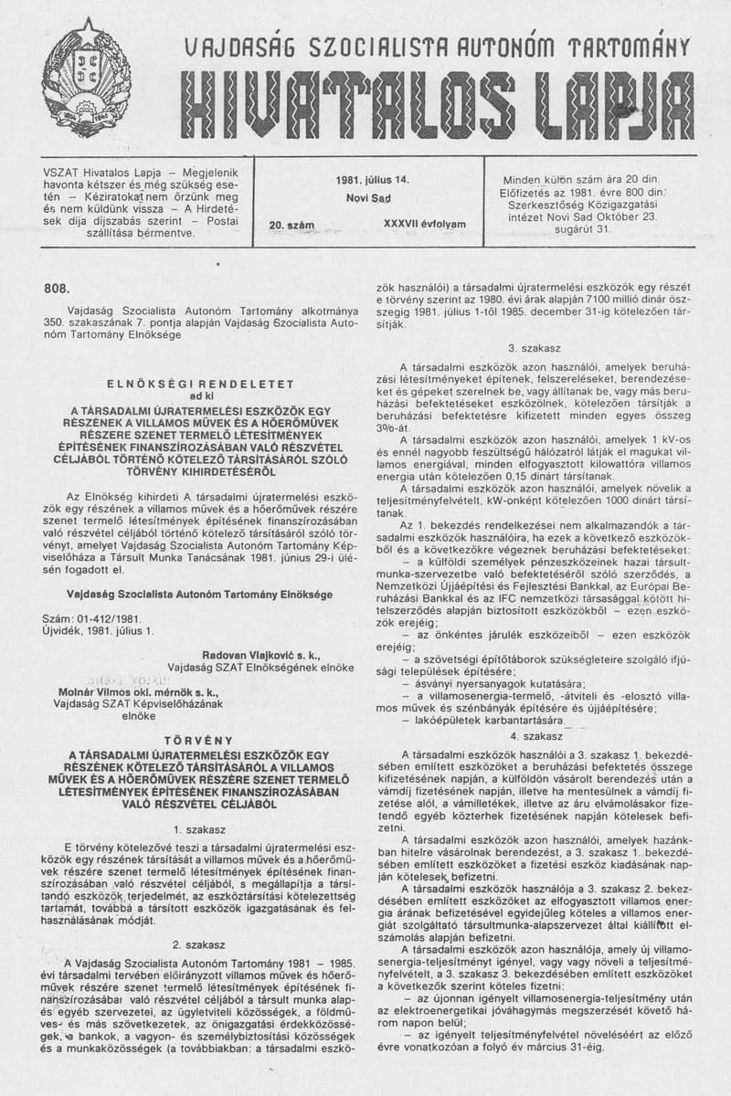 Vajdaság Szocialista Autonóm Tartomány Hivatalos Lapja, 37. évf. 1981. július 14. 20. sz.