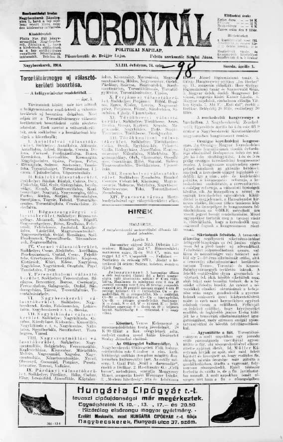 Torontál, 43. évf. 1914. április 1. 74. sz.