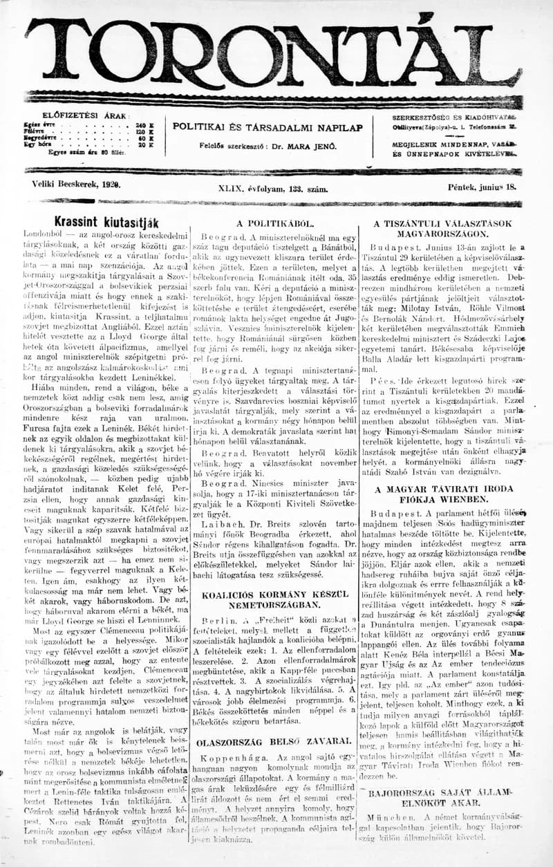 Torontál, 49. évf. 1920. június 18. 133. sz.