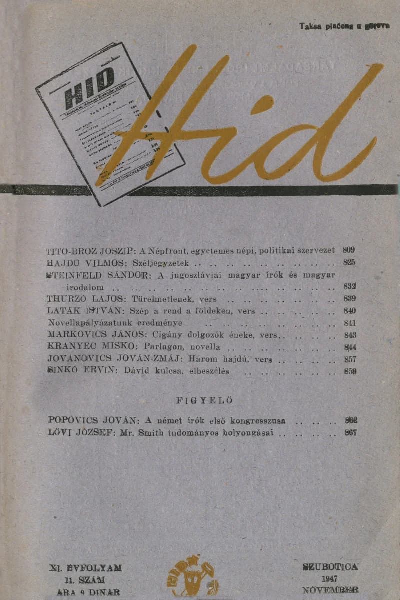 Híd, 11. évf. 1947. november. 11. sz. 809–872. oldal