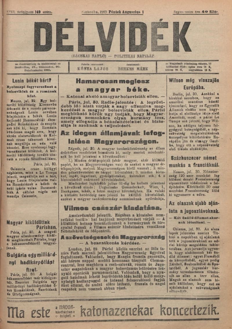 Délvidék, 13. évf. 1919. augusztus 1. 149. sz.