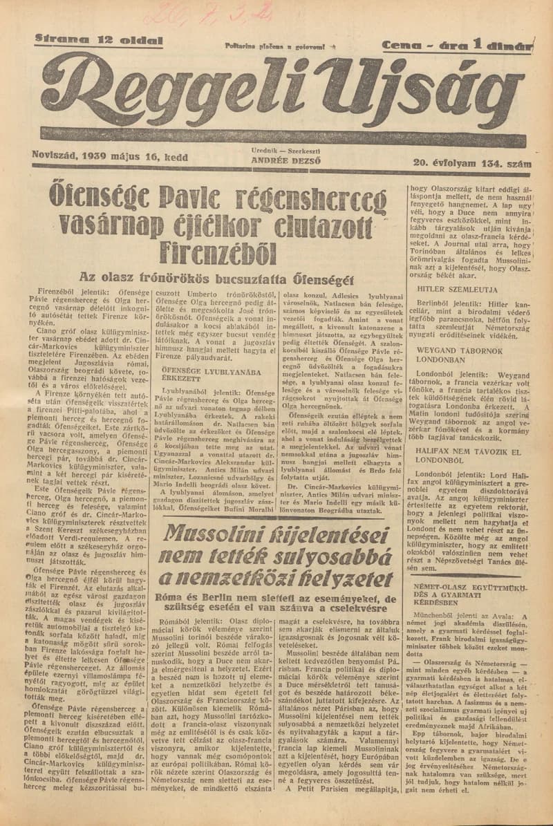 Reggeli Újság, 20. évf. 1939. május 16. 134. sz.