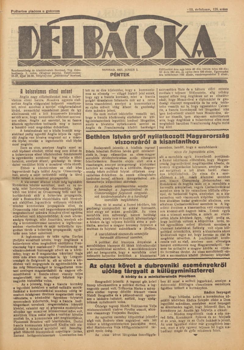 Délbácska, 8. évf. 1927. június 3. 128. sz.
