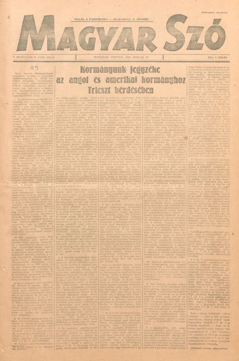 Magyar Szó, 5. évf. 1948. április 16. 91. sz. 1–4. oldal