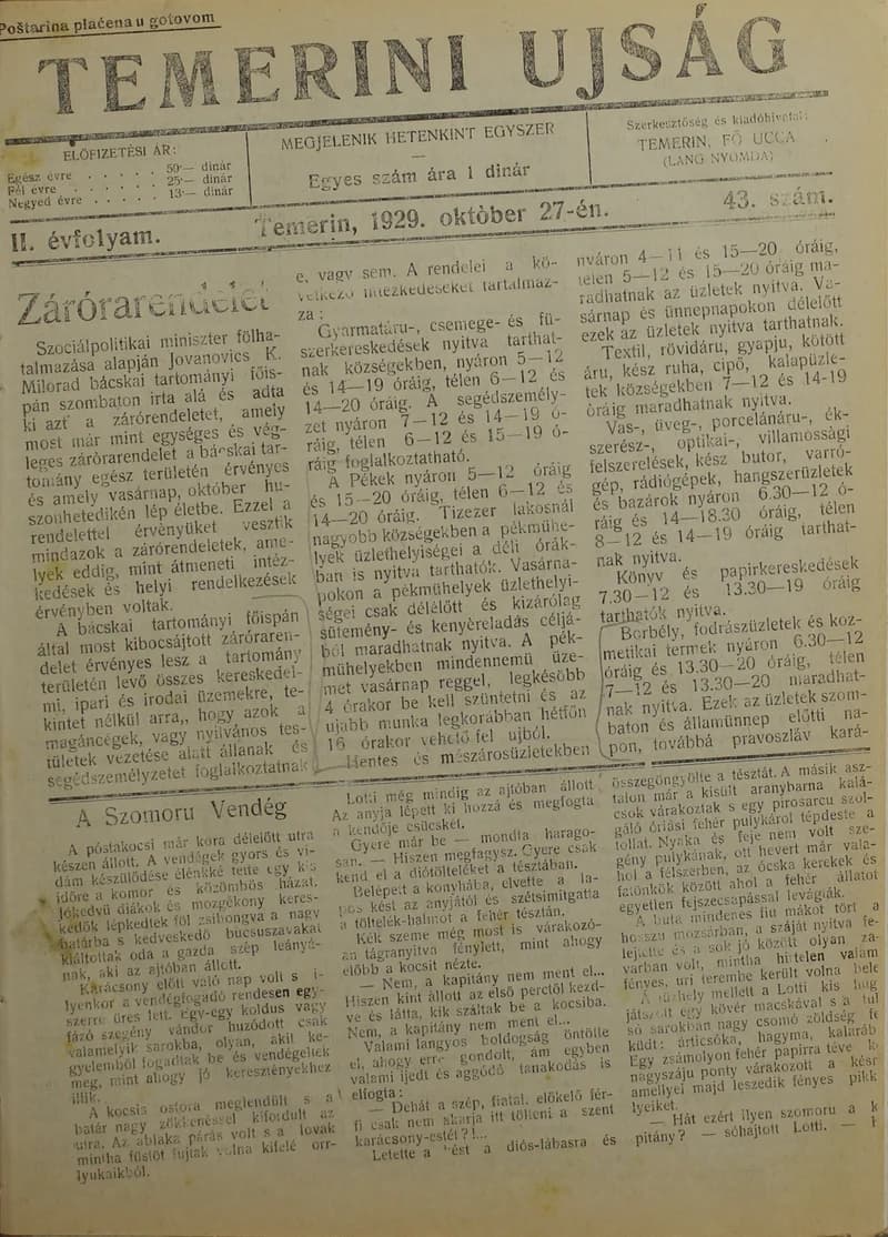 Temerini Újság 1928-1944, 2. évf. 1929. október 27. 43. sz.