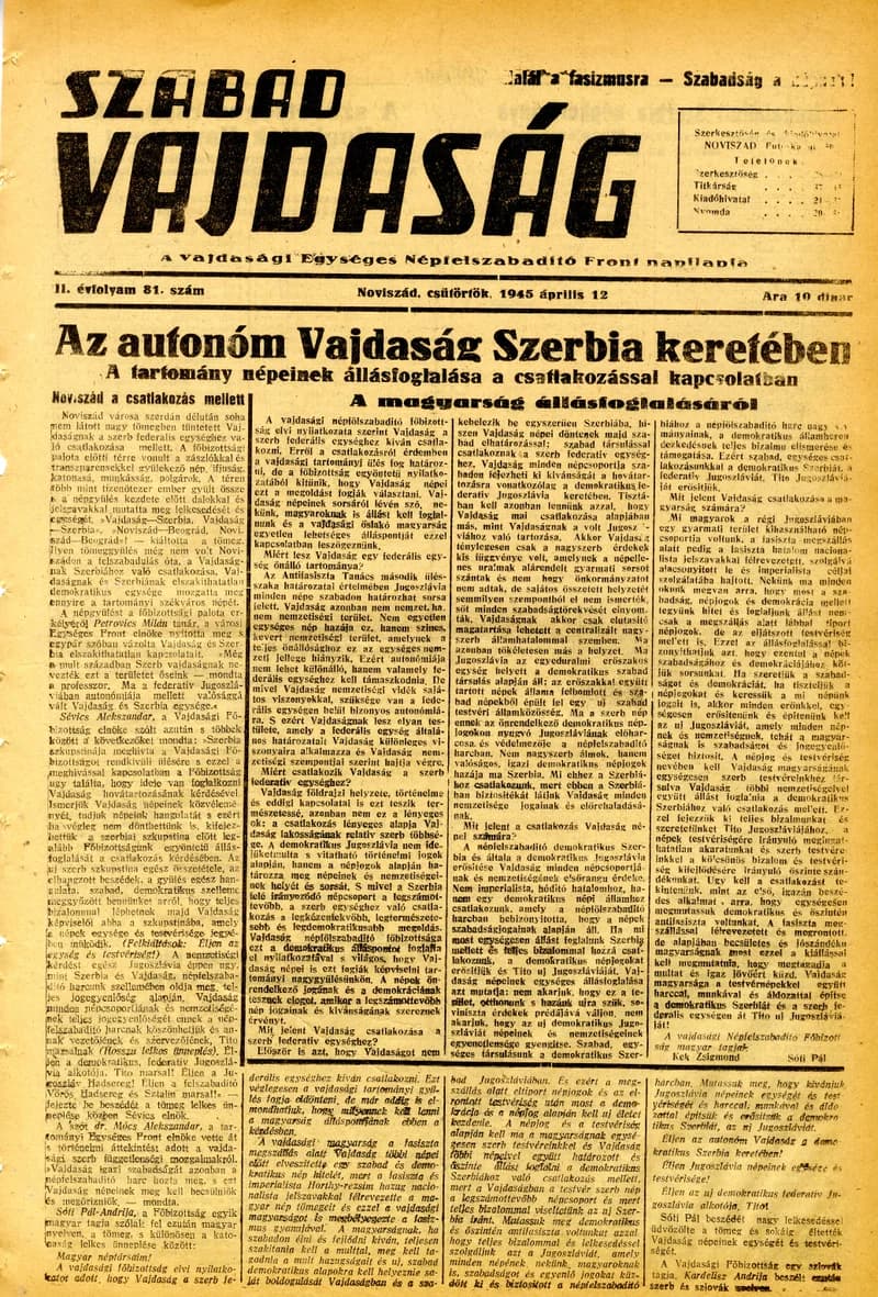 Szabad Vajdaság, 2. évf. 1945. április 12. 81. sz.