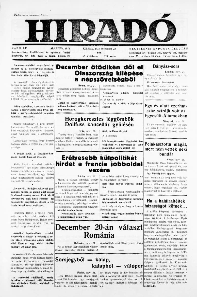Híradó, 62. évf. 1933. november 22. 274. sz.