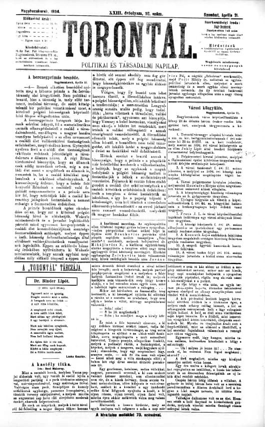 Torontál, 23. évf. 1894. április 21. 92. sz.