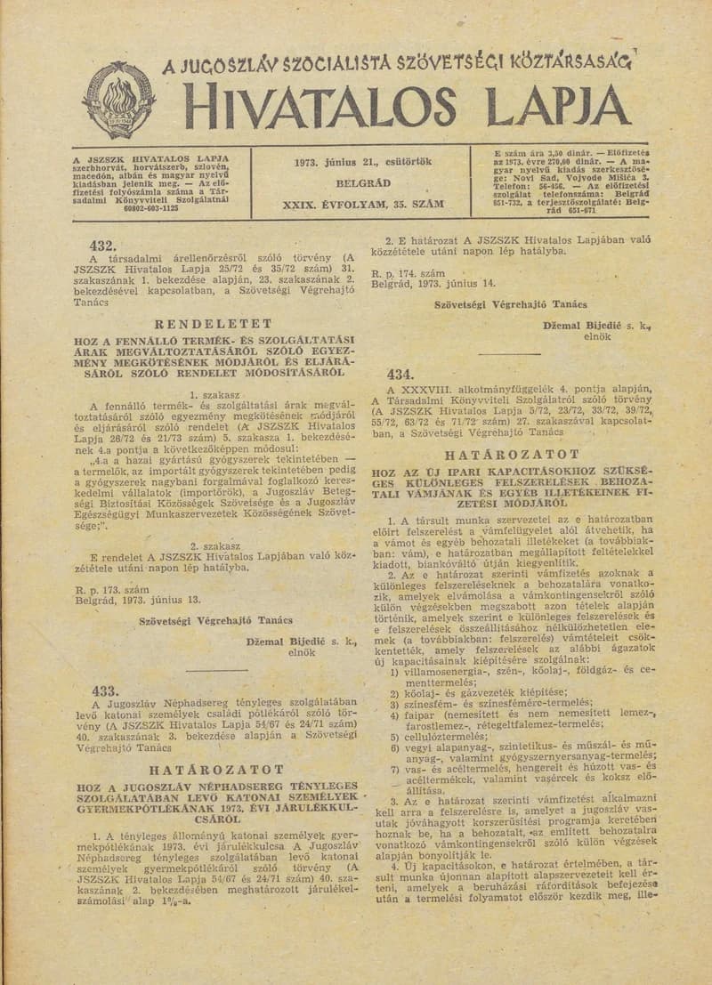 A Jugoszláv Szocialista Szövetségi Köztársaság Hivatalos Lapja, 29. évf. 1973. június 21. 35. sz. 1077–1104. oldal