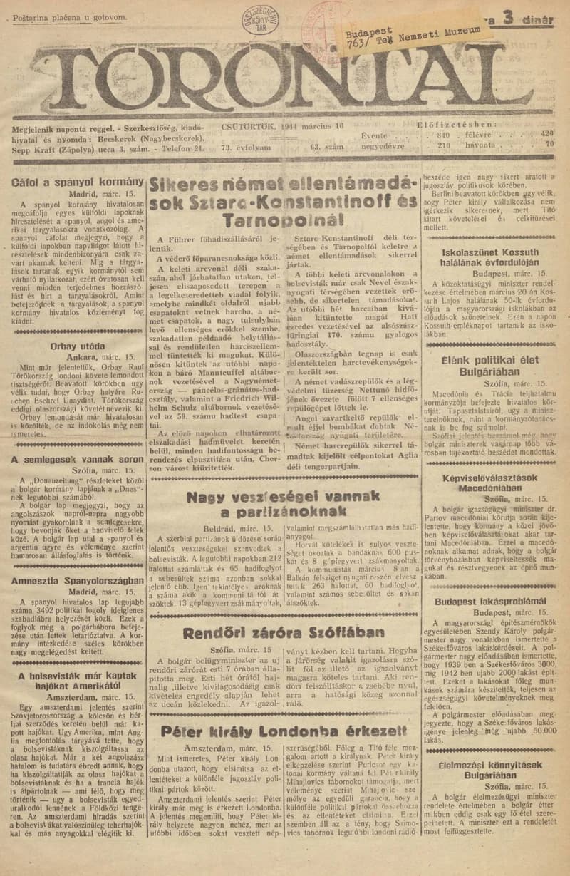 Torontál, 73. évf. 1944. március 16. 63. sz.