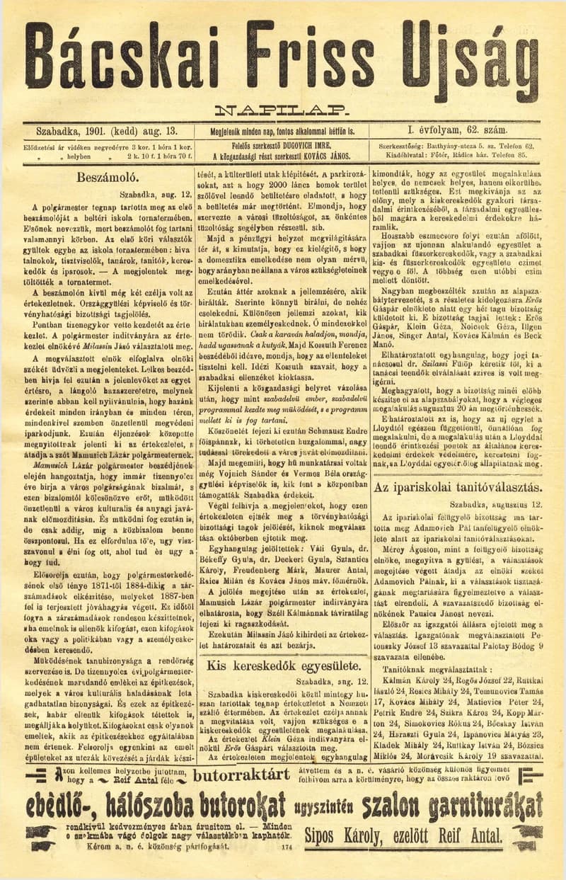 Bácskai Friss Ujság, 1. évf. 1901. augusztus 13. 62. sz.