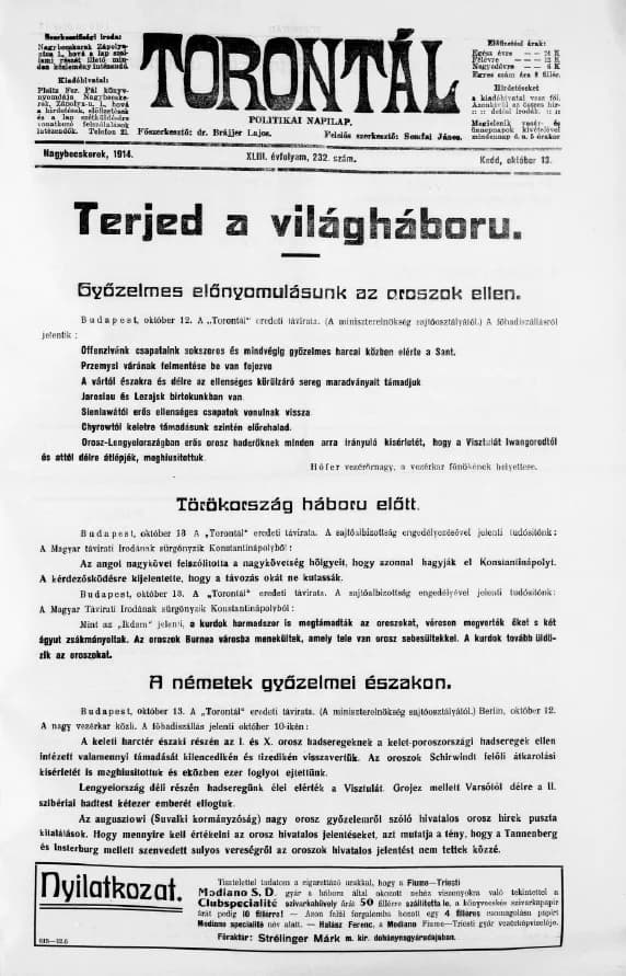 Torontál, 43. évf. 1914. október 13. 232. sz.