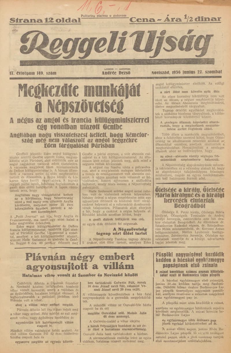 Reggeli Újság, 17. évf. 1936. június 27. 149. sz.