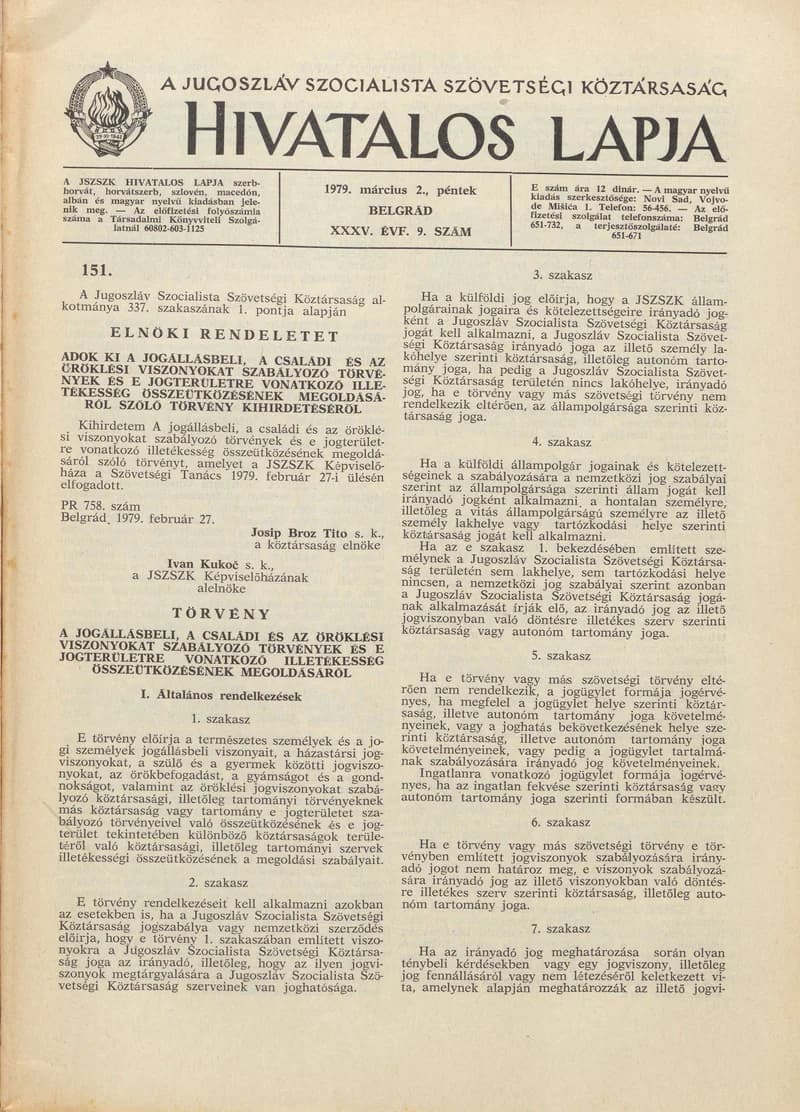 A Jugoszláv Szocialista Szövetségi Köztársaság Hivatalos Lapja, 35. évf. 1979. március 2. 9. sz. 257–288. oldal