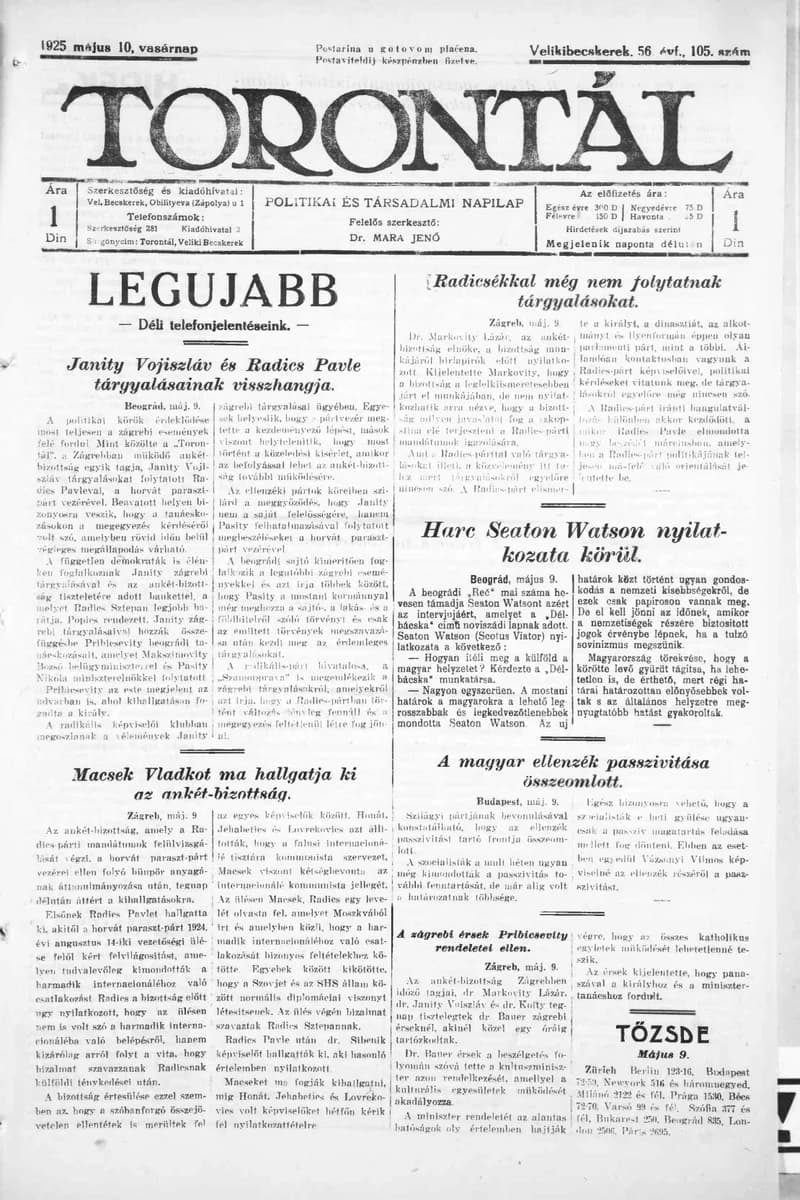 Torontál, 54. évf. 1925. május 10. 105. sz.