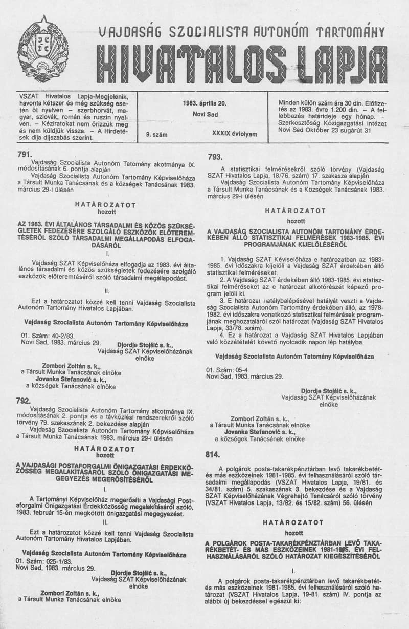 Vajdaság Szocialista Autonóm Tartomány Hivatalos Lapja, 39. évf. 1983. április 20. 9. sz.