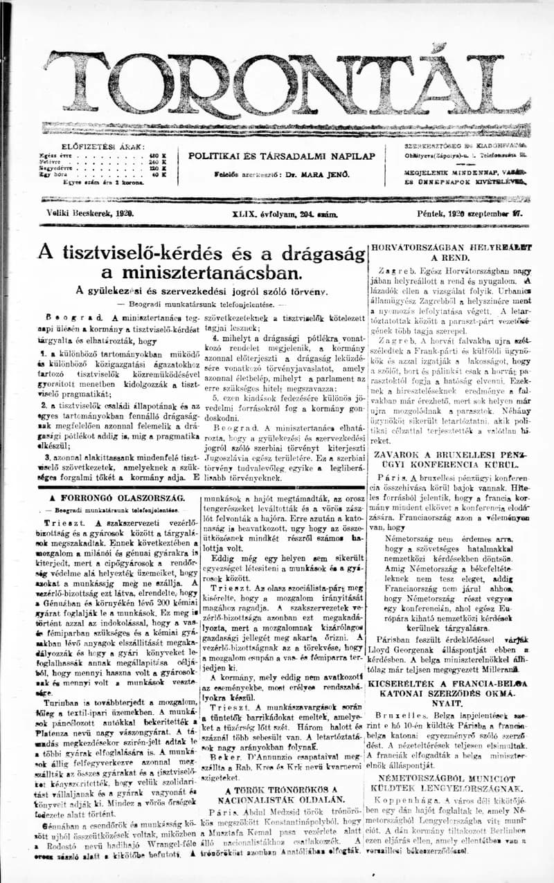 Torontál, 49. évf. 1920. szeptember 17. 204. sz.