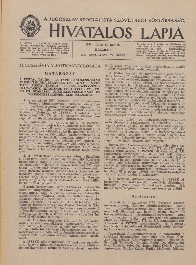 A Jugoszláv Szocialista Szövetségi Köztársaság Hivatalos Lapja, 40. évf. 1984. július 6. 35. sz. 911–914. oldal