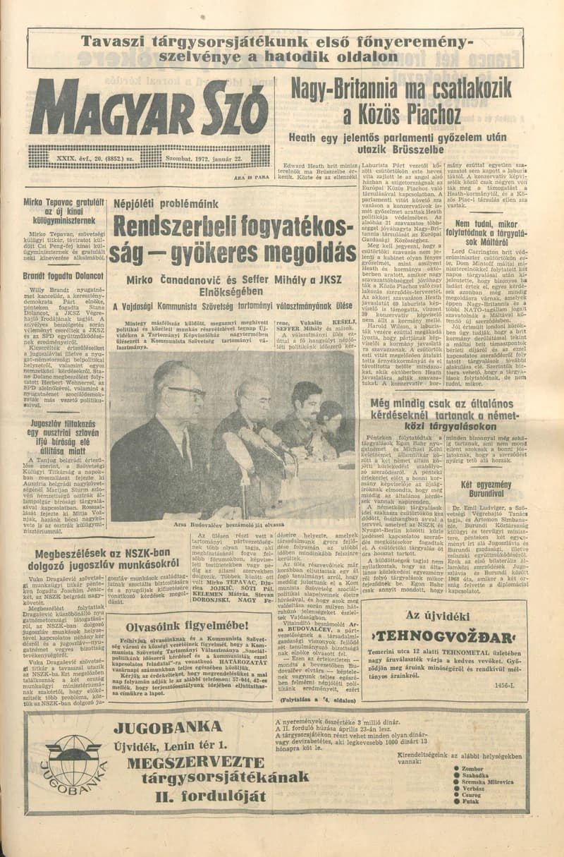Magyar Szó, 29. évf. 1972. január 20. 20. sz. 1–20. oldal