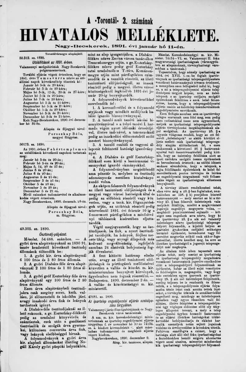 A Totontál  hivatalos melléklete, 4. évf. 1891. január 11. 2. sz.
