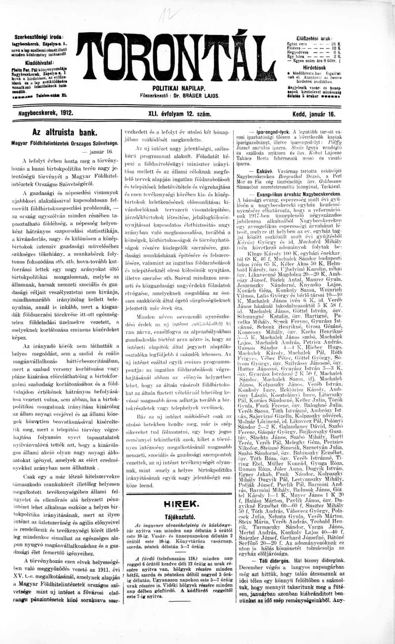 Torontál, 41. évf. 1912. január 16. 12. sz.