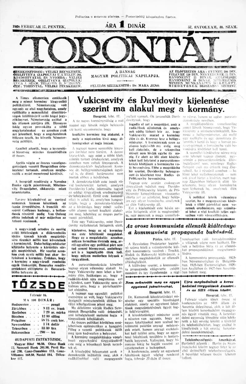 Torontál, 57. évf. 1928. február 17. 40. sz.