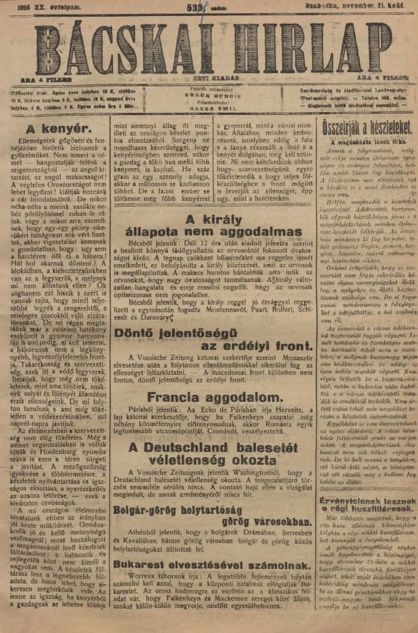 Bácskai Hirlap, 20. évf. 1916. november 21. 534. sz.