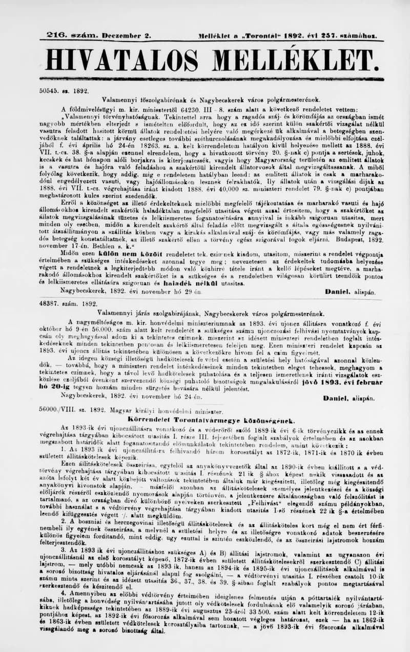 A Totontál  hivatalos melléklete, 5. évf. 1892. december 20. 216. sz.