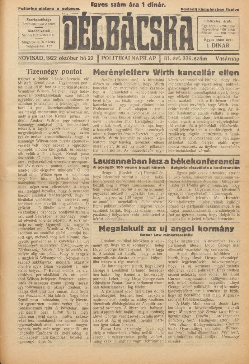 Délbácska, 3. évf. 1922. október 22. 236. sz.