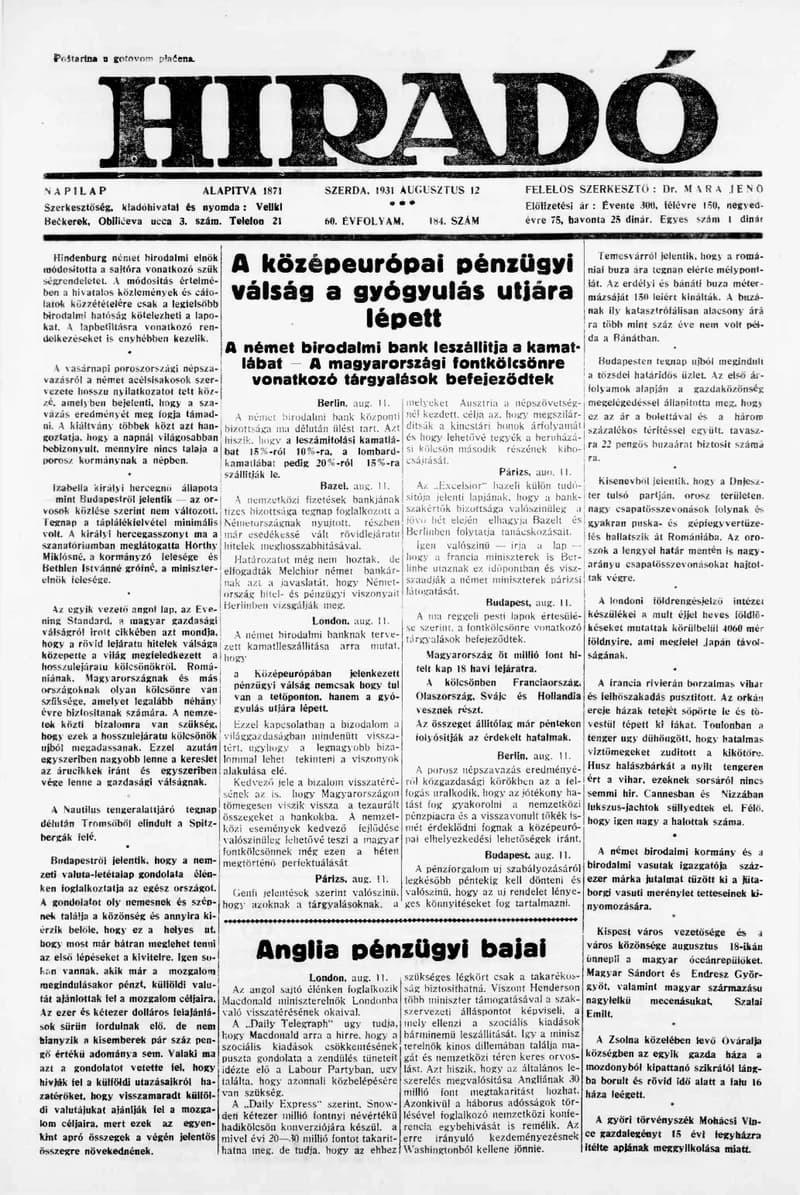 Híradó, 60. évf. 1931. augusztus 12. 184. sz.