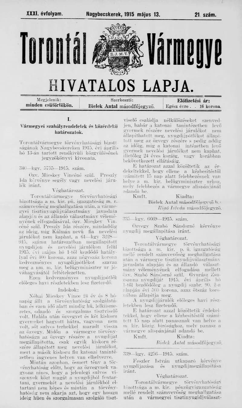 Torontál Vármegye Hivatalos Lapja, 31. évf. 1915. május 13. 21. sz.