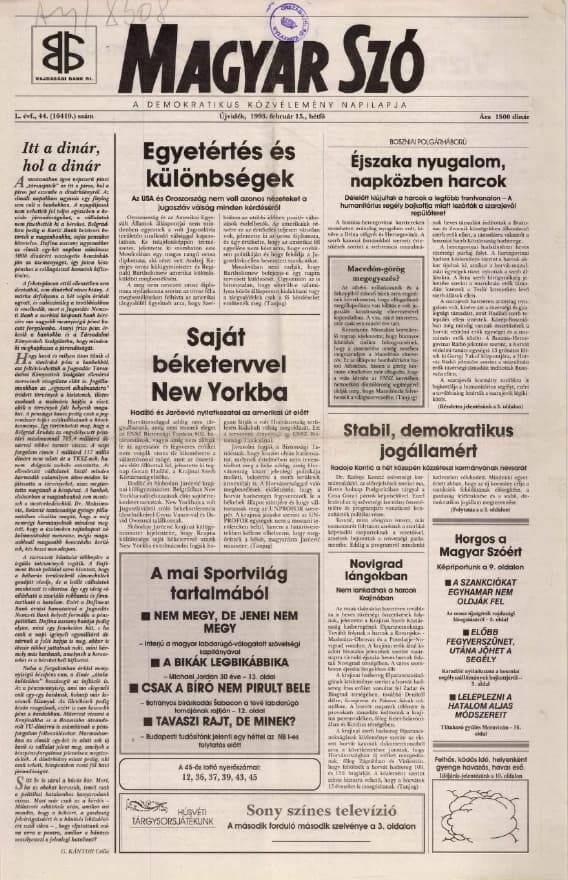 Magyar Szó, 50. évf. 1993. február 15. 44. sz. 1–16. oldal