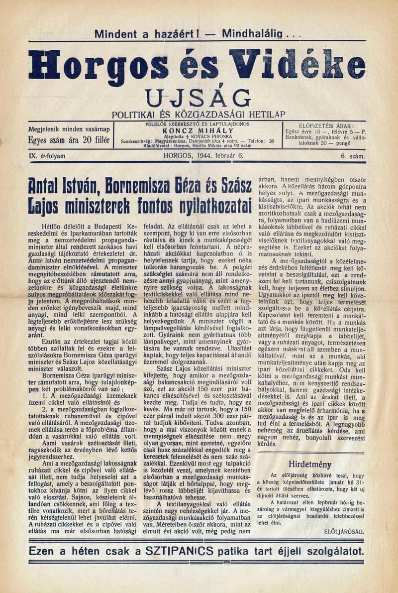 Horgos és vidéke, 9. évf. 1944. február 6. 6. sz.