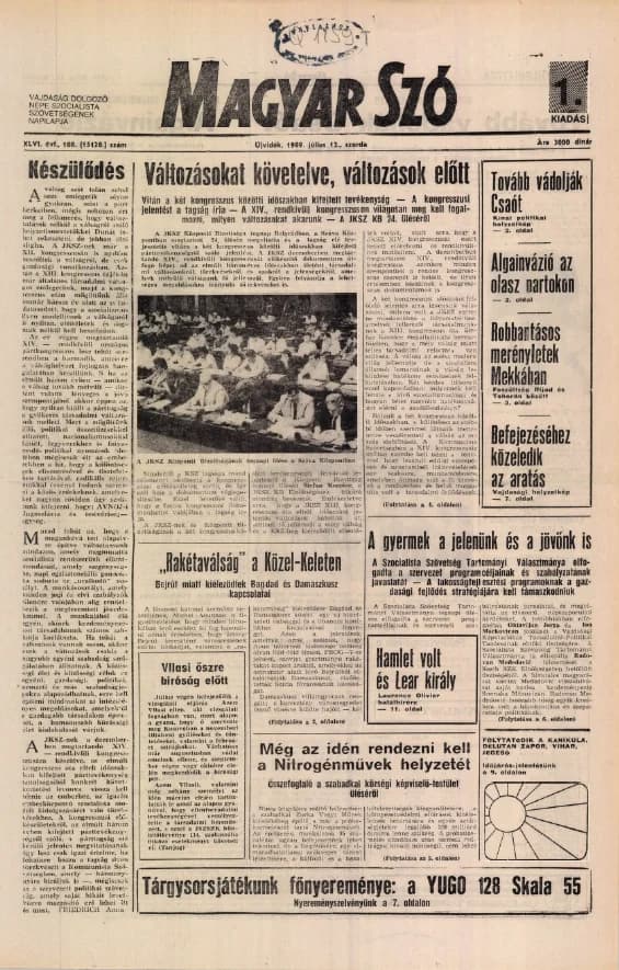 Magyar Szó, 46. évf. 1989. július 12. 188. sz. 1–16. oldal