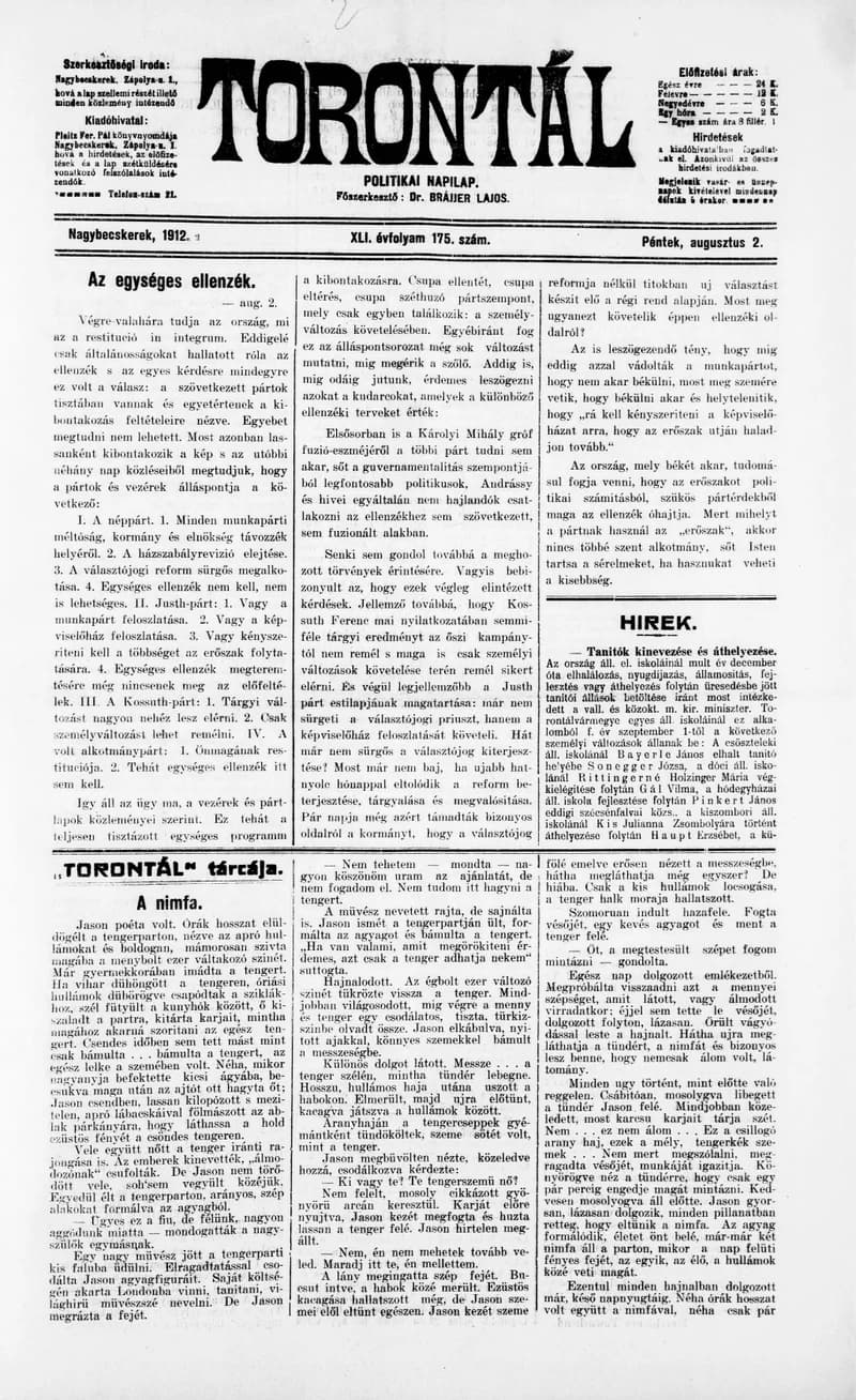 Torontál, 41. évf. 1912. augusztus 2. 175. sz.