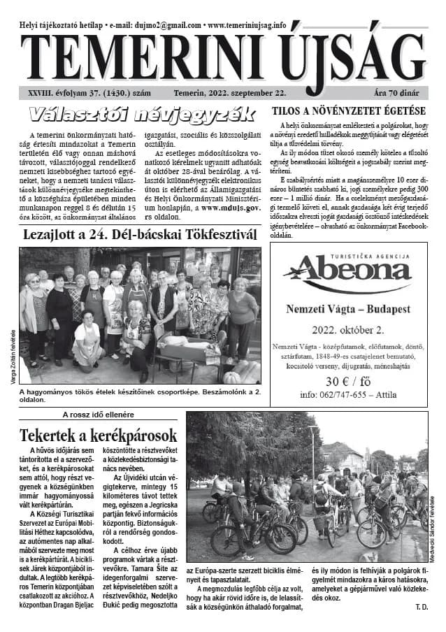 Temerini Újság, 28. évf. 2022. szeptember 22. 37. sz.