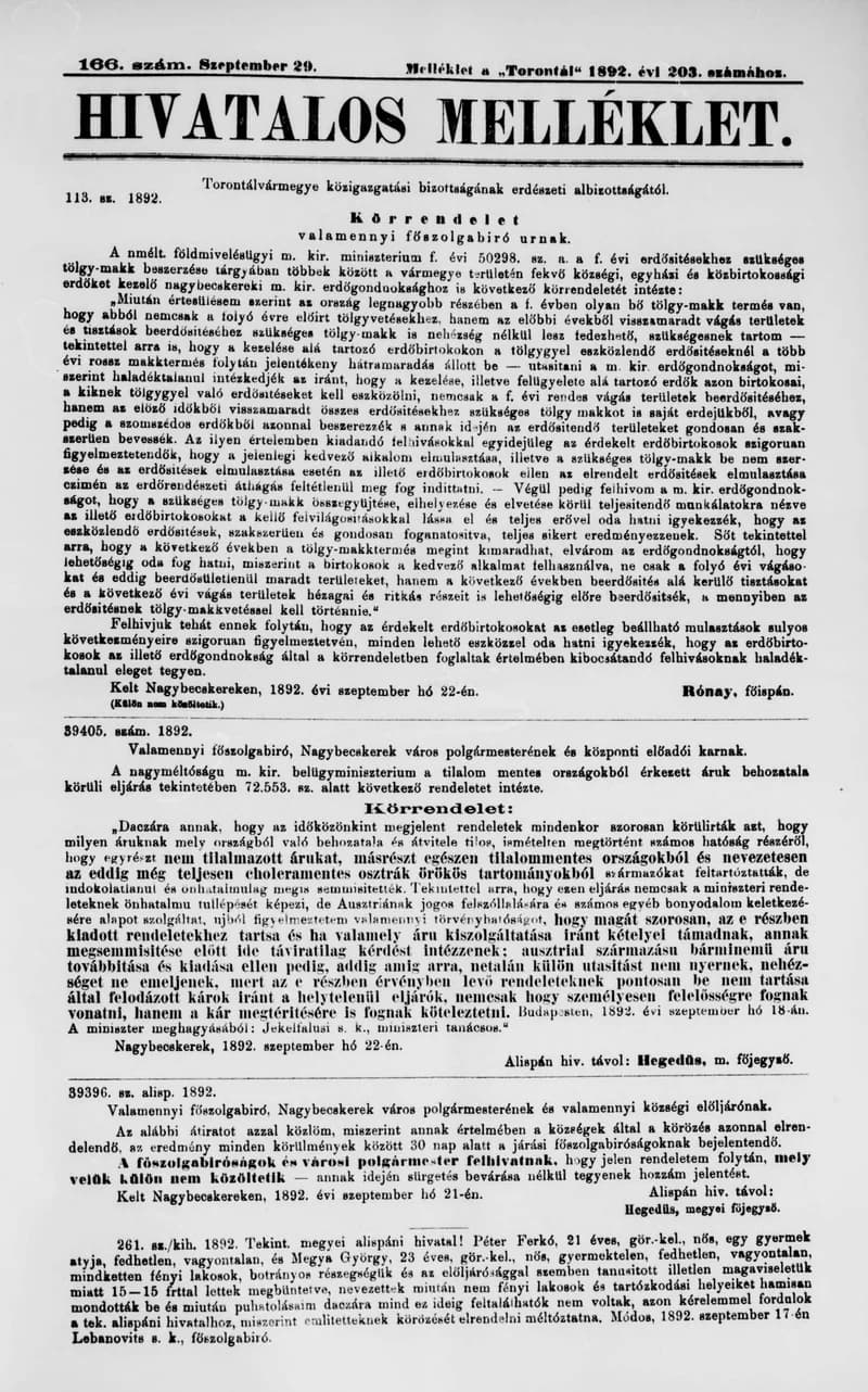 A Totontál  hivatalos melléklete, 5. évf. 1892. szeptember 29. 166. sz.