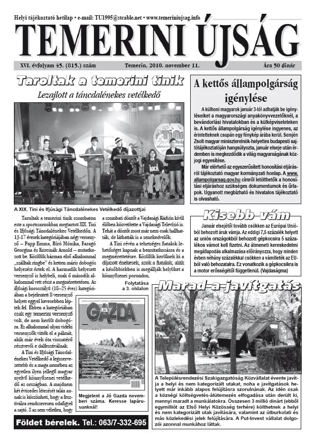 Temerini Újság, 16. évf. 2010. november 11. 45. sz.
