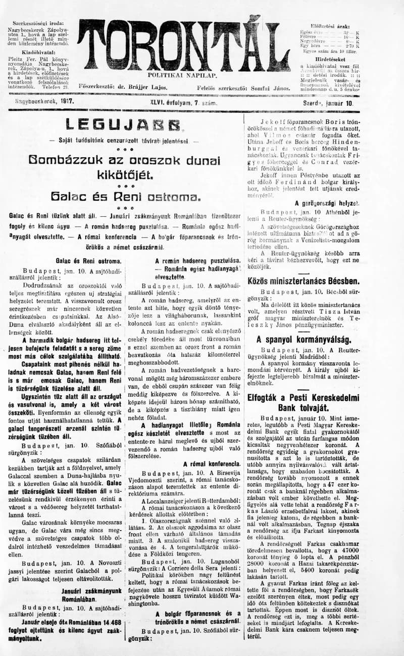 Torontál, 46. évf. 1917. január 10. 7. sz.
