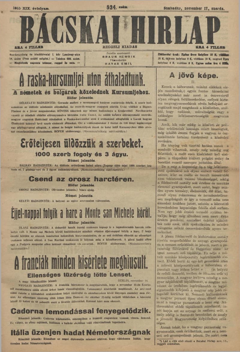 Bácskai Hirlap, 19. évf. 1915. november 17. 524. sz.