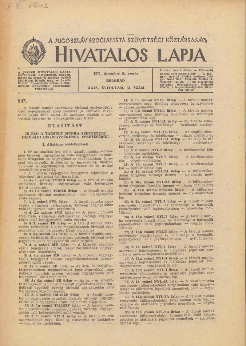 A Jugoszláv Szocialista Szövetségi Köztársaság Hivatalos Lapja, 29. évf. 1973. december 5. 65. sz. 1821–1892. oldal