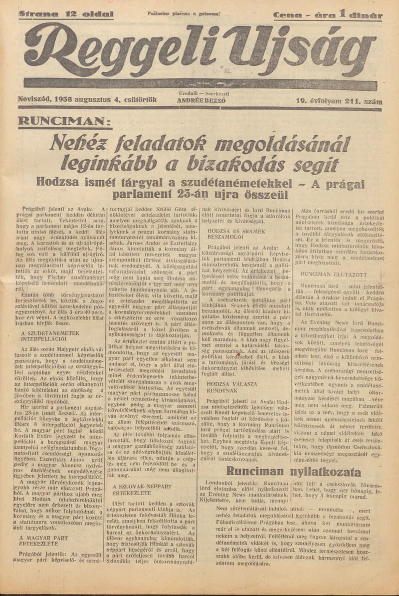 Reggeli Újság, 19. évf. 1938. augusztus 4. 211. sz.
