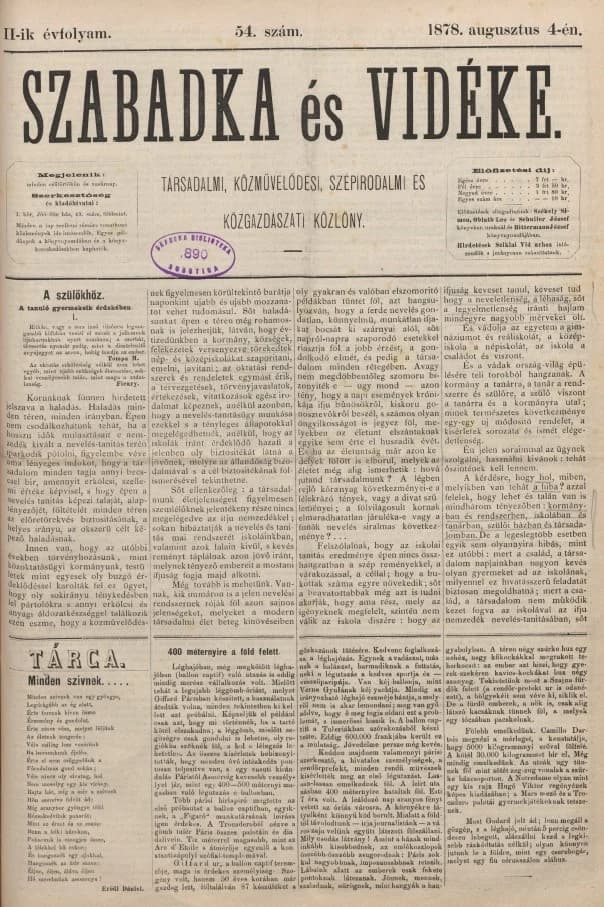 Szabadka és vidéke, 2. évf. 1878. augusztus 4. 54. sz.