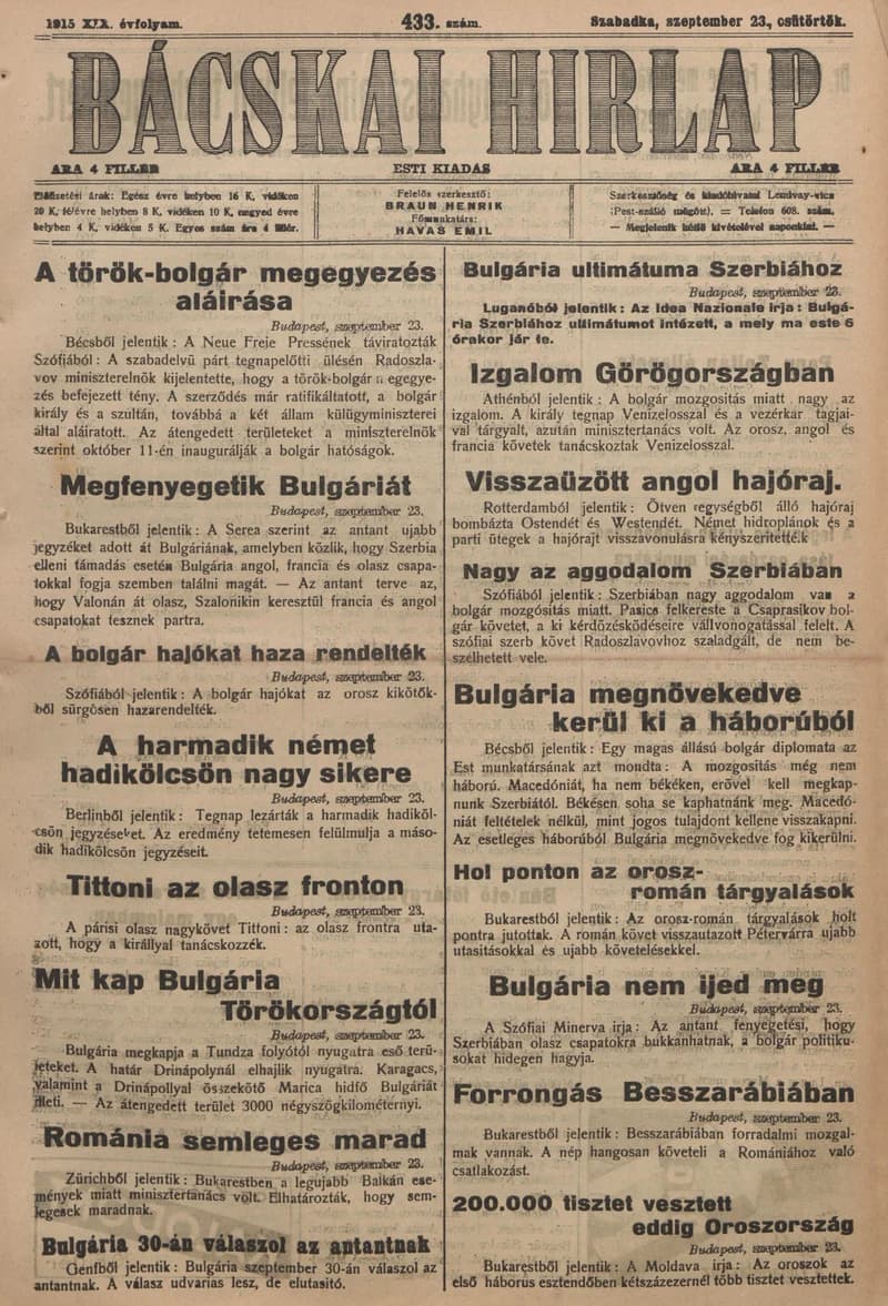 Bácskai Hirlap, 19. évf. 1915. szeptember 23. 433. sz.