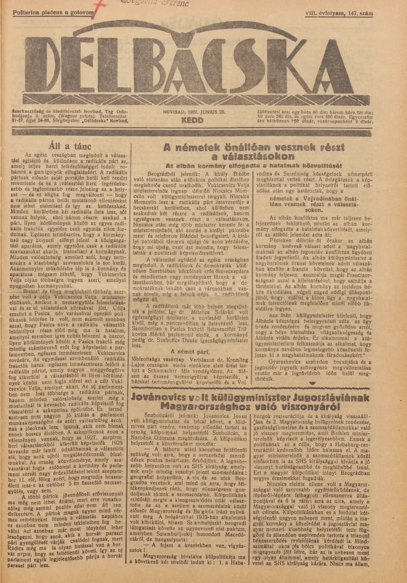 Délbácska, 8. évf. 1927. június 28. 147. sz.