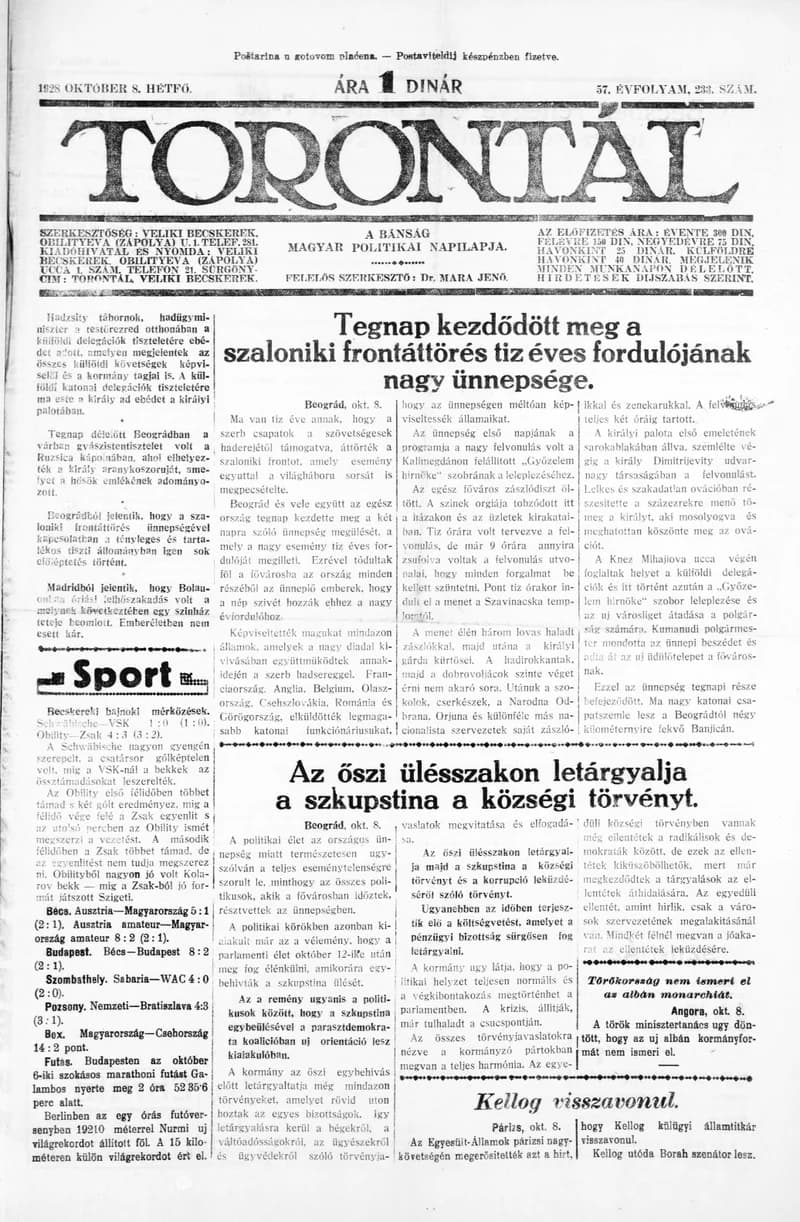 Torontál, 57. évf. 1928. október 8. 233. sz.
