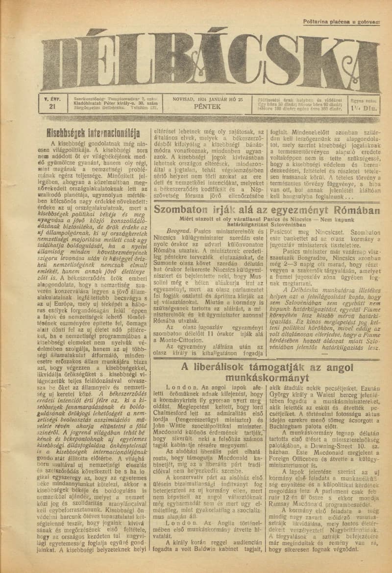 Délbácska, 5. évf. 1924. január 25. 21. sz.