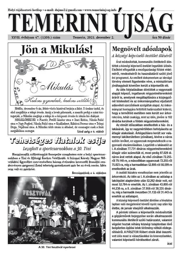Temerini Újság, 27. évf. 2021. december 2. 47. sz.