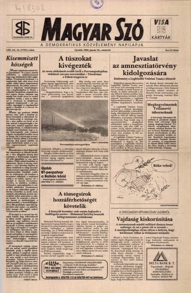 Magyar Szó, 53. évf. 1996. január 18. 14. sz. 1–16. oldal